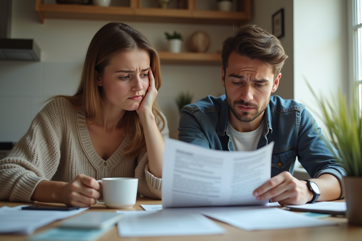 Jeune couple inquiet avec documents de prêt et factures