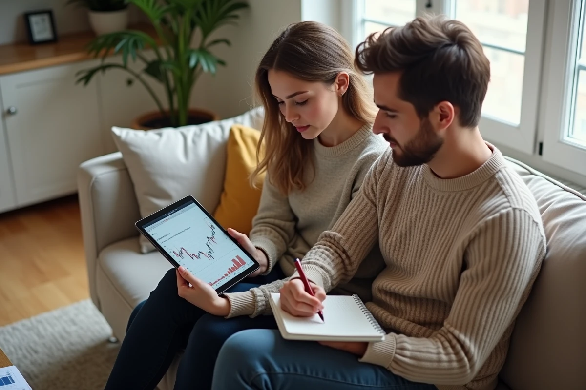 Un jeune couple étudie ensemble les risques et le rendement d'un investissement en bourse CMA CGM depuis leur salon