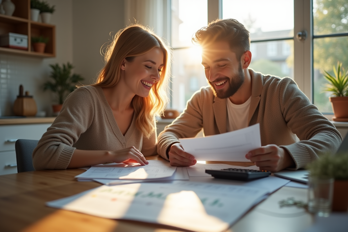 Jeune couple examinant des documents financiers à la maison