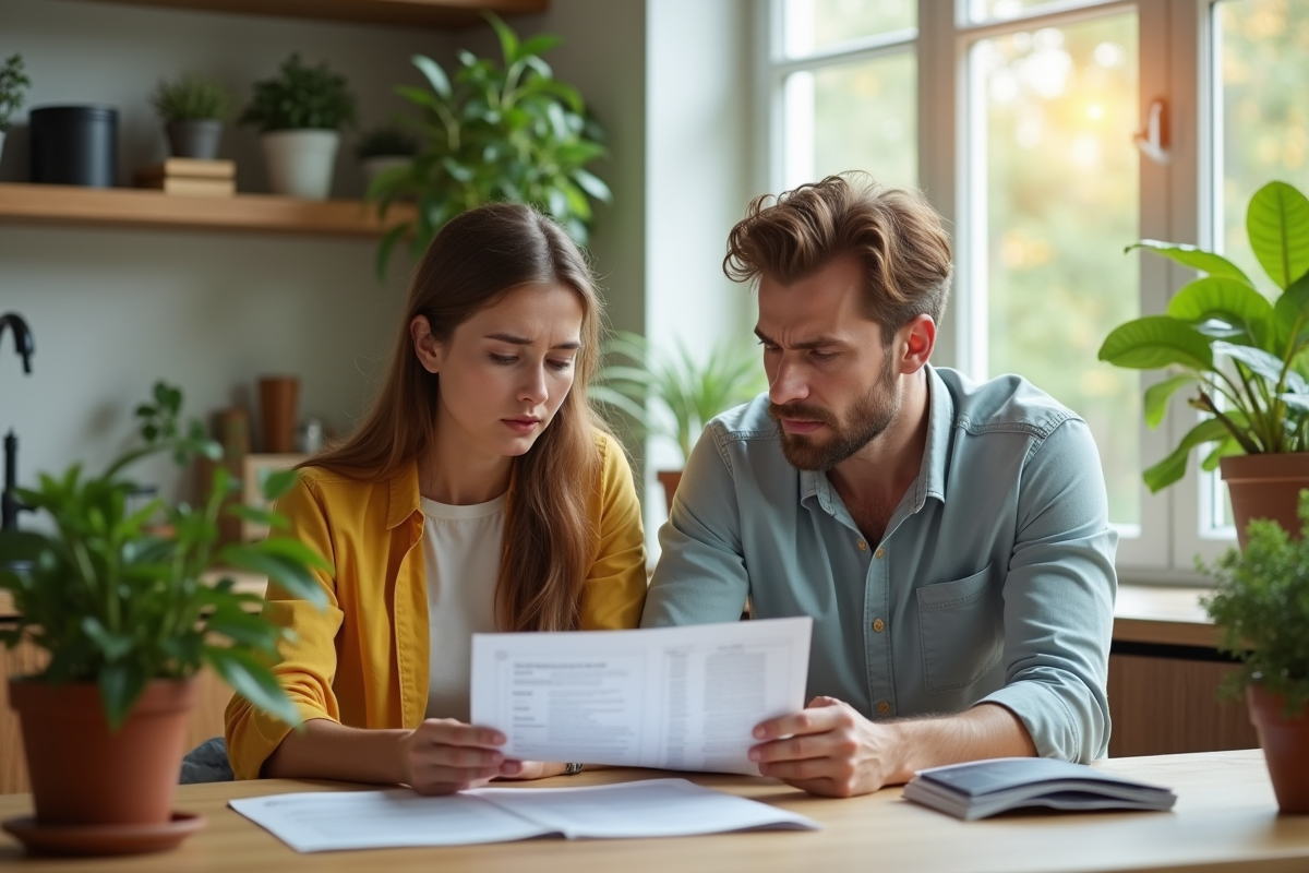 Jeune couple inquiet lisant documents de pret écologique