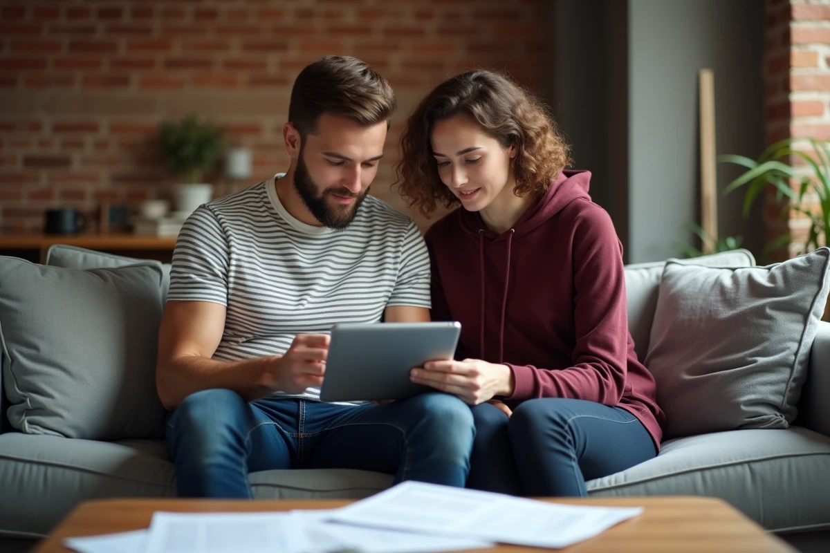 Couple examinant un plan de paiement en plusieurs fois sur une tablette dans un salon contemporain