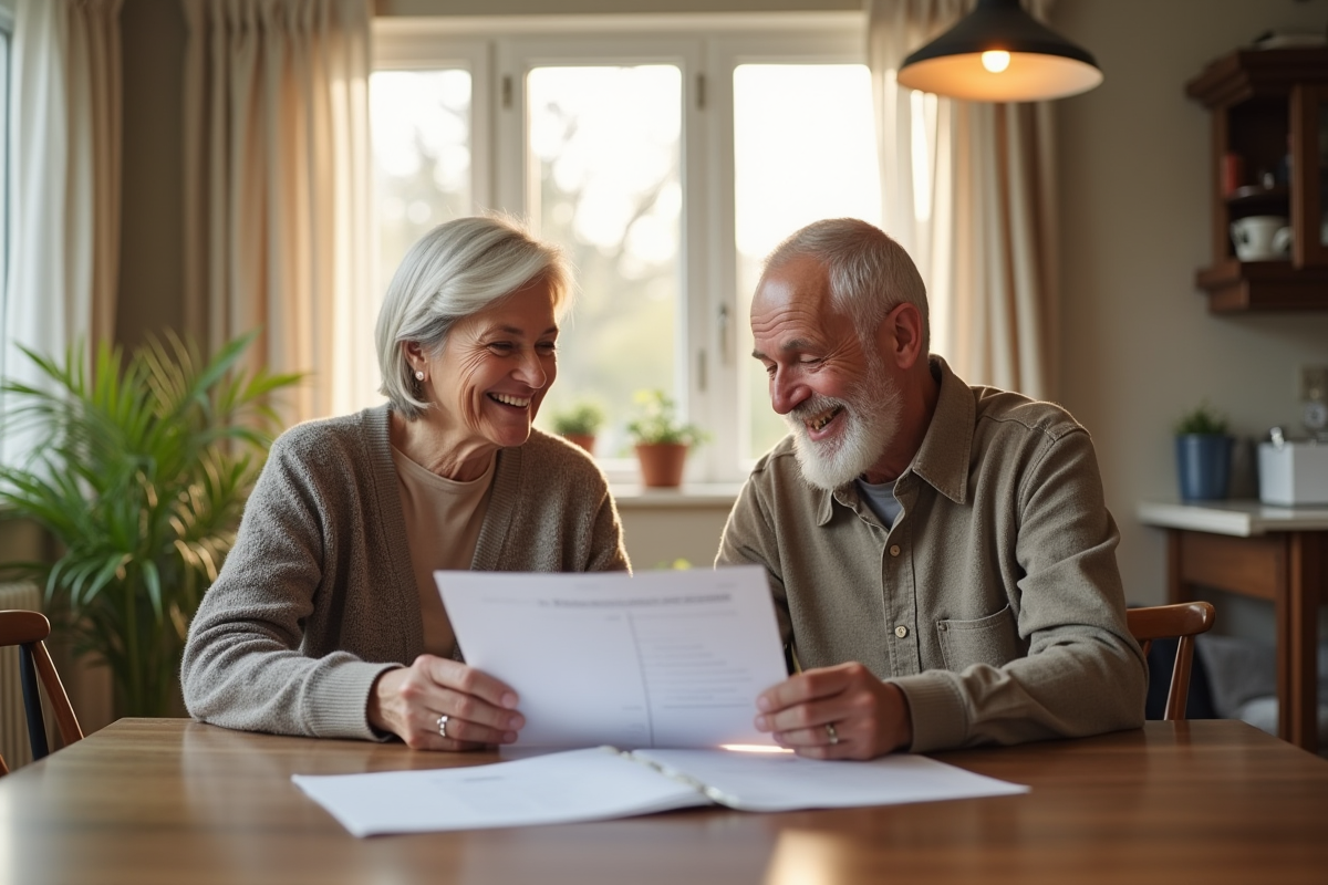 Couple retraité souriant dans leur maison canadienne avec papiers de budget