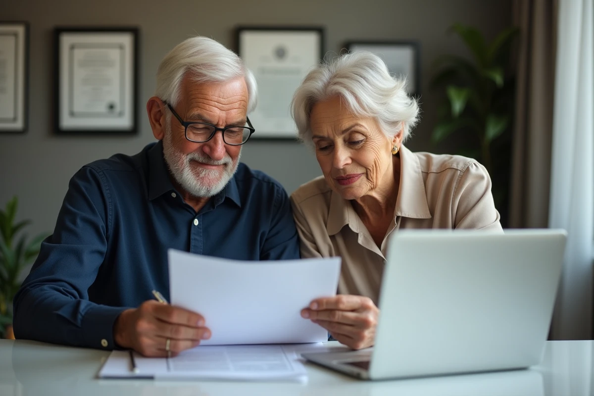 Couple de retraités consultant un conseiller financier pour comprendre le calcul de leur retraite nette et pension de réversion