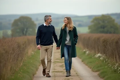 Couple &eacute;l&eacute;gant marchant dans la campagne paisible