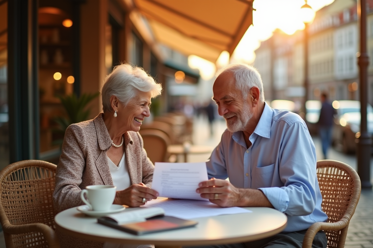 Couple senior souriant au café en ville pour la retraite