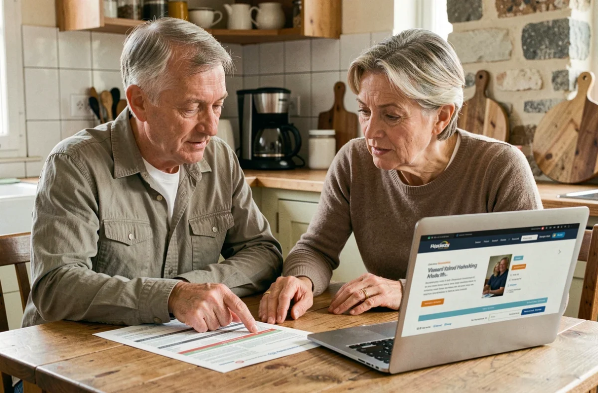 Couple vérifiant ensemble leur mutuelle santé actuelle à la table de cuisine