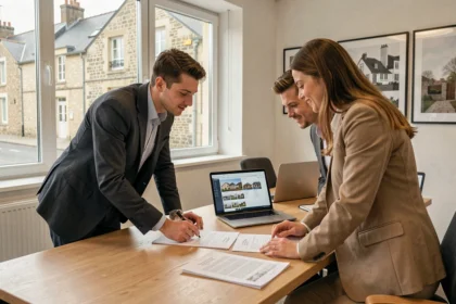 Un courtier en crédit immobilier en consultation avec un couple dans une agence moderne du Calvados