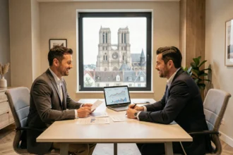 Courtier en crédit immobilier conseillant un client dans un bureau moderne à Chartres avec la cathédrale en arrière-plan