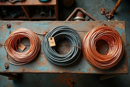 Trois piles de cuivre triées sur un établi : cuivre dénudé brillant, cuivre mêlé et câble gainé avec gaine PVC colorée, dans un atelier de recyclage