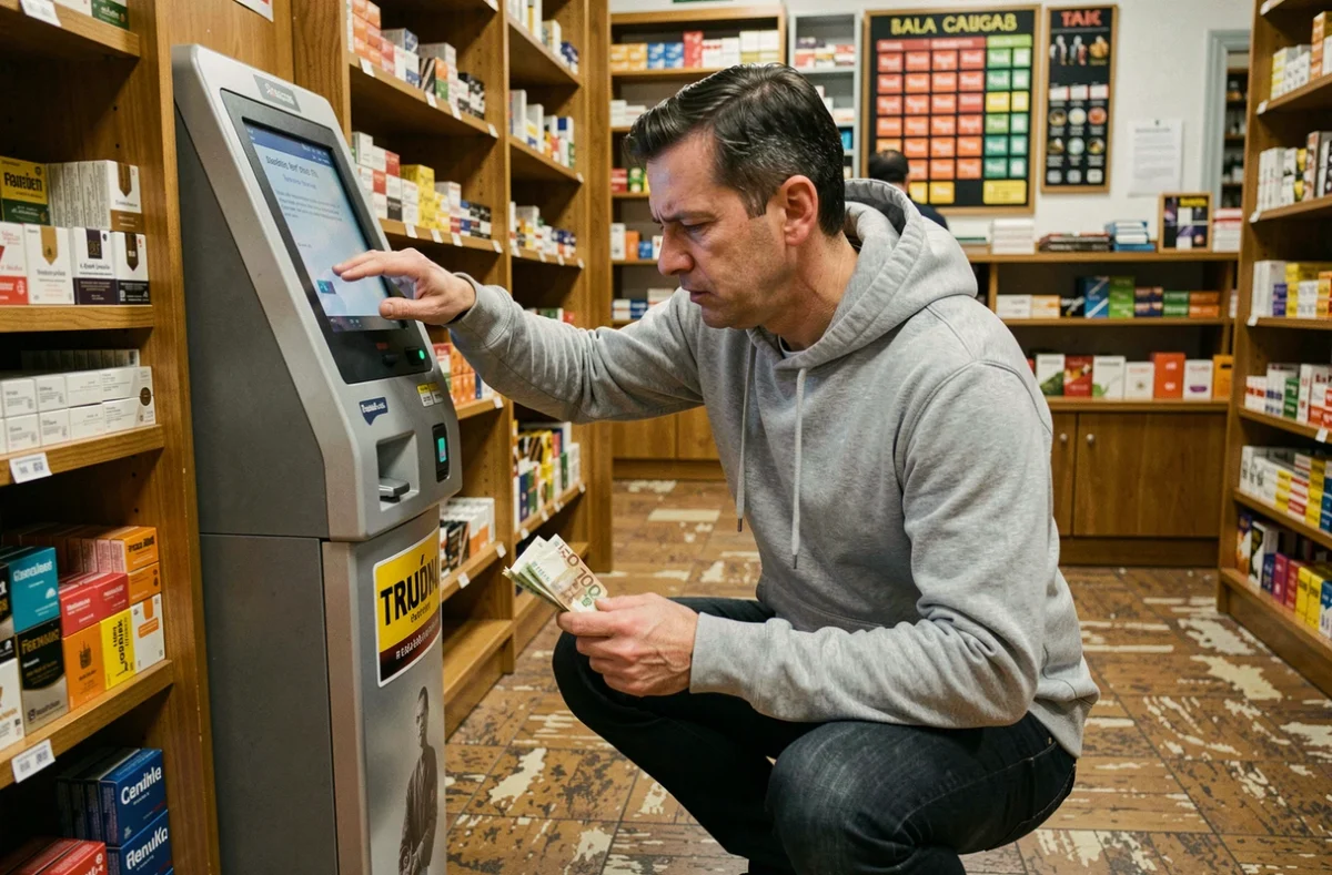 Homme face à un kiosque de dépôt d'espèces Nickel dans un bureau de tabac affichant un message d'erreur