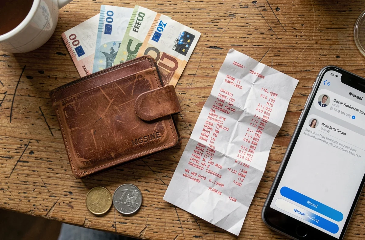 Vue en plongée d'un portefeuille, de billets en euros, d'une carte Nickel et d'un reçu d'erreur de dépôt sur une table en bois