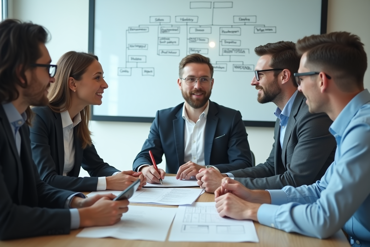 Groupe de professionnels discutant d un plan d affaires autour d une table