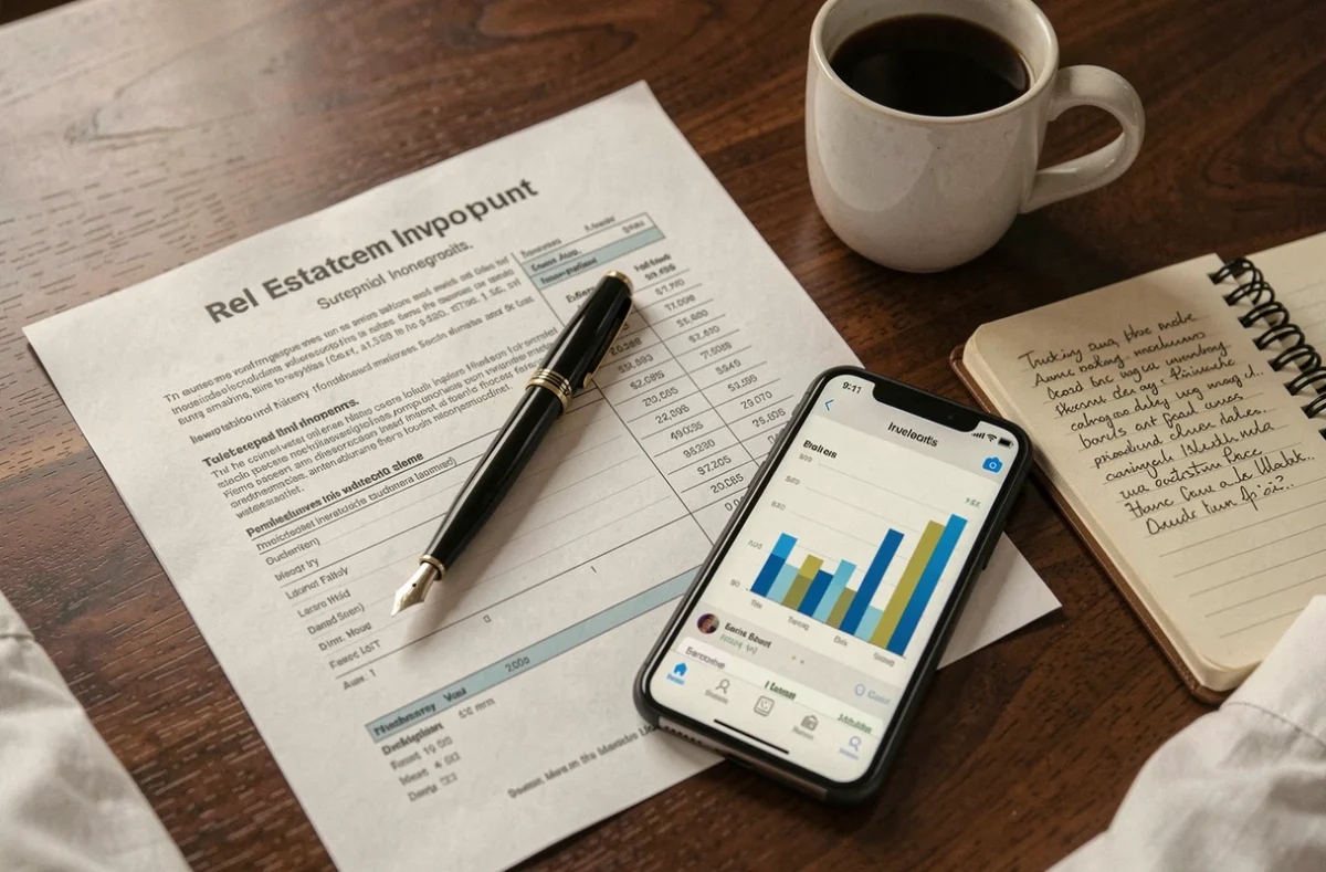 Gros plan sur des documents de portefeuille SCPI, un stylo et un smartphone montrant un graphique financier sur un bureau en bois