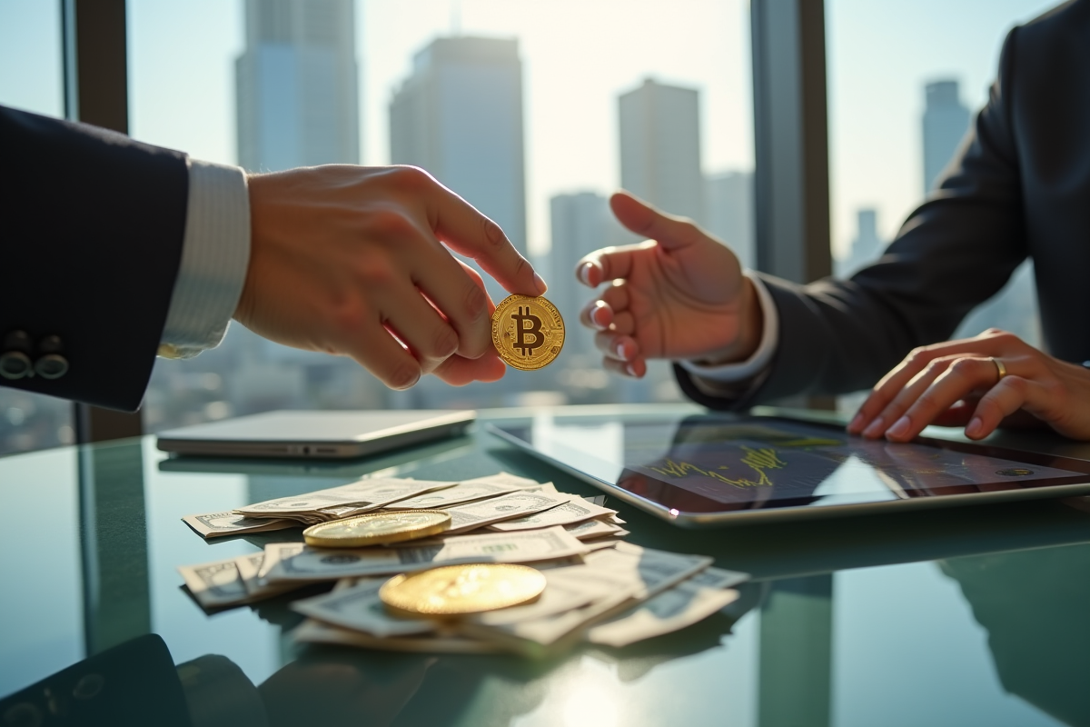 Echange de bitcoin physique avec argent et graphique crypto