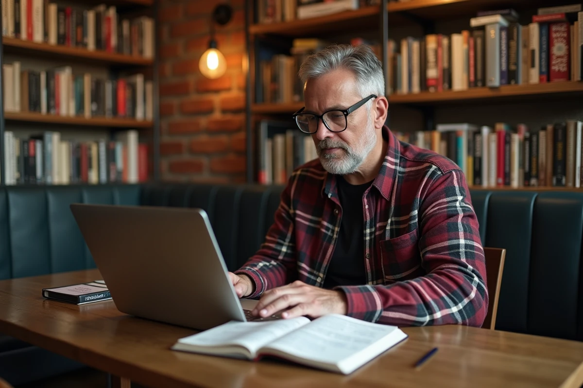 Écrivain autoédité travaillant dans un café libraire avec son manuscrit publié sur Amazon