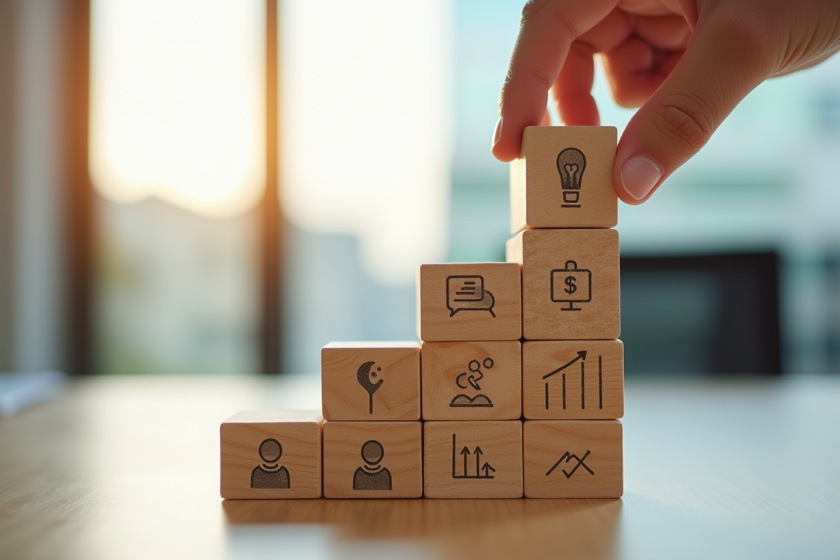 Main empilant des blocs de croissance dans un bureau moderne