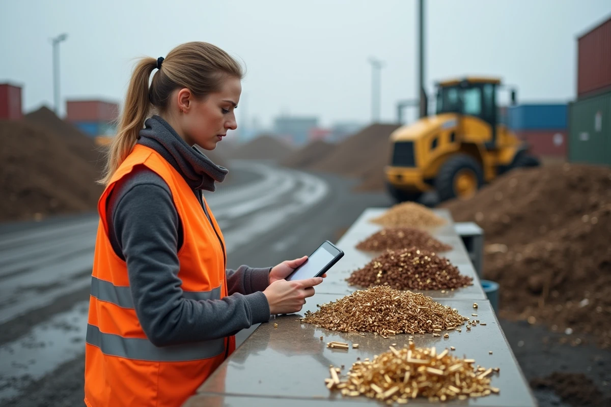 Employée d'un centre de recyclage consultant un simulateur de prix du laiton sur tablette au comptoir d'un dépôt de ferrailles