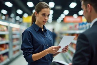 Employée de caisse consultant sa fiche de paie au salaire minimum dans un supermarché français en 2026