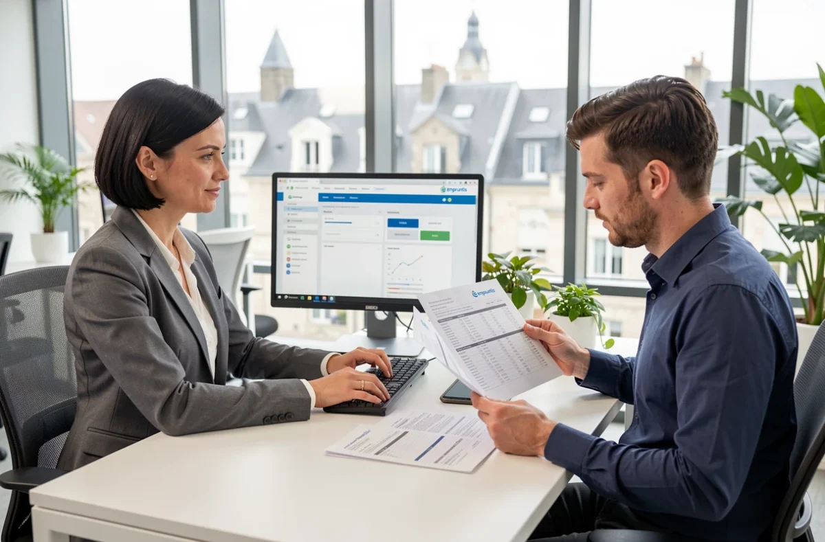 Courtier Empruntis Chartres comparant des offres de prêt immobilier sur ordinateur avec un client