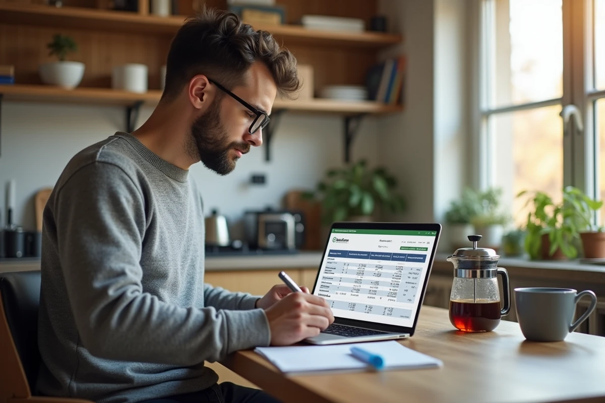 Enseignant calculant ses primes et rappels de salaire sur ordinateur à domicile en 2026
