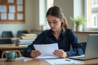 Jeune enseignante en début de carrière consultant ses fiches de paie dans la salle des professeurs