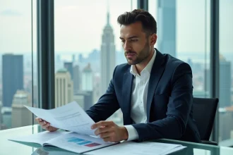 Entrepreneur français en costume marine analysant des documents financiers dans un bureau moderne avec vue sur la ville