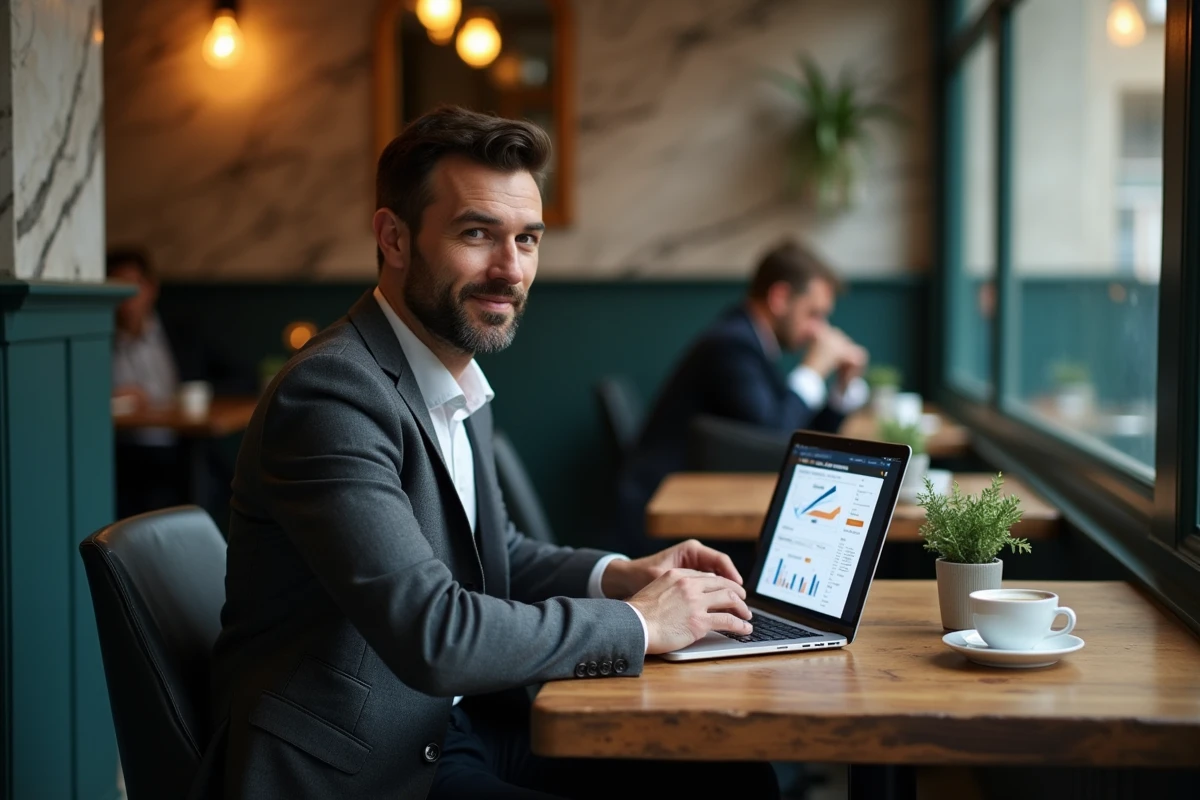 Entrepreneur concentré travaillant sur ses revenus et stratégies de croissance sur un ordinateur portable dans un café parisien élégant