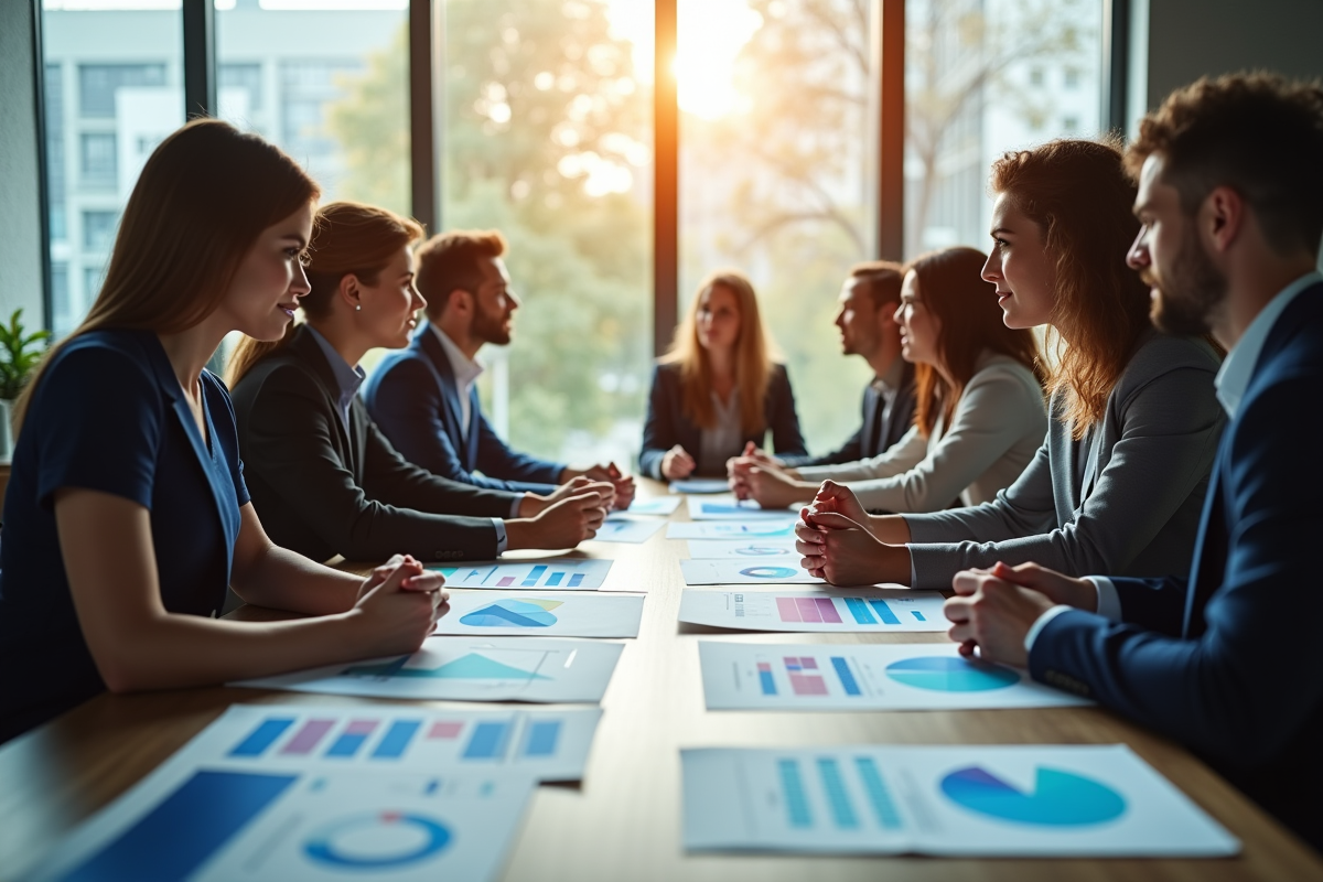 Équipe de professionnels en réunion dans un bureau lumineux
