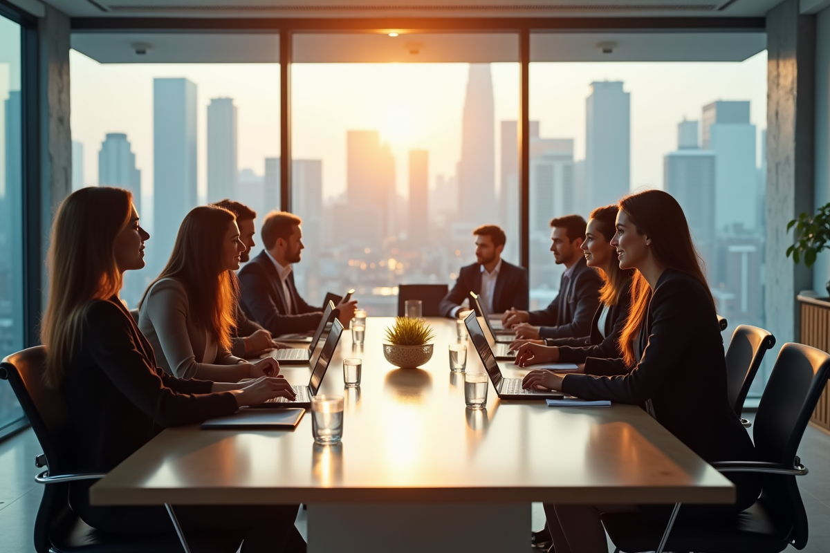 Groupe de professionnels collaborant dans un bureau lumineux