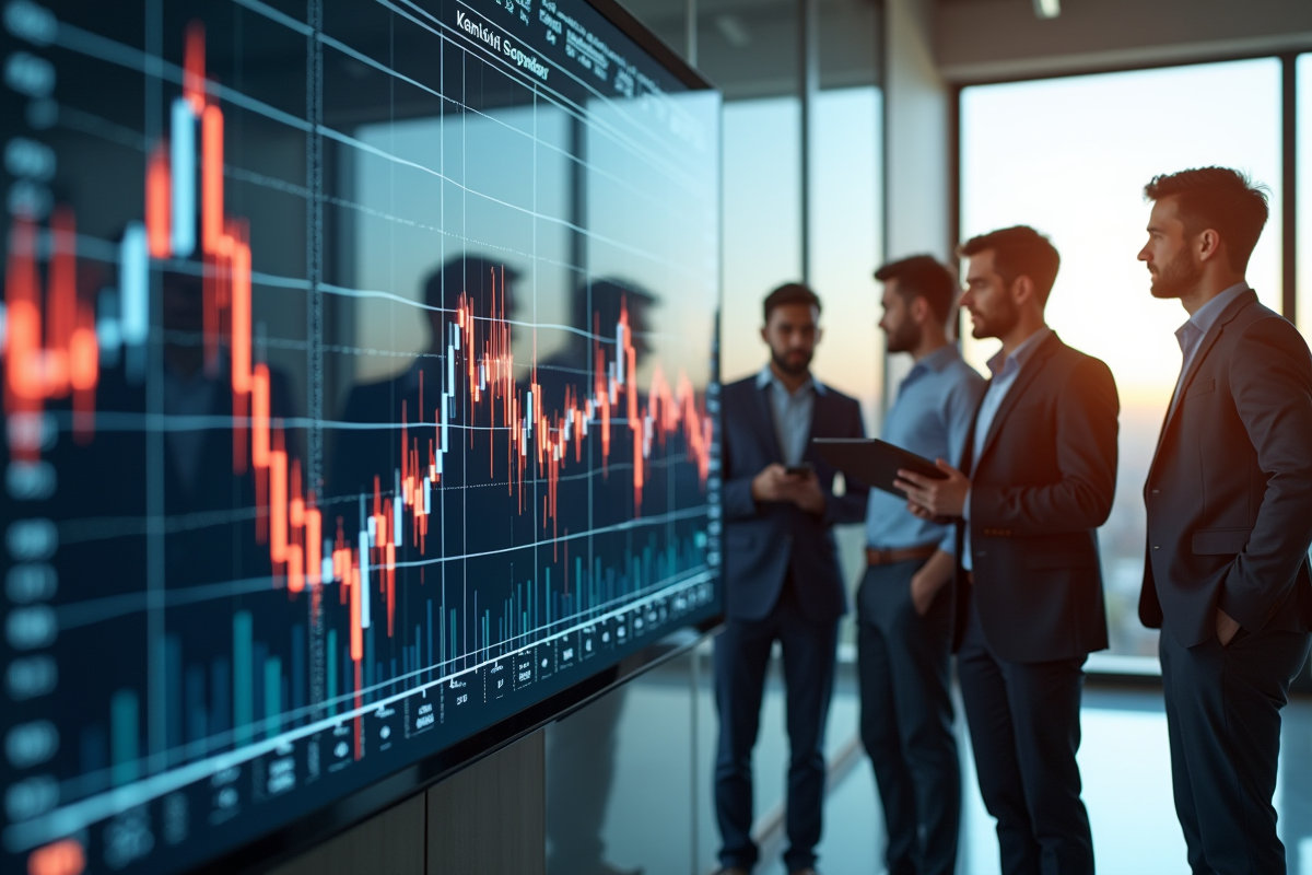 Groupe de professionnels discutant devant un écran de crypto