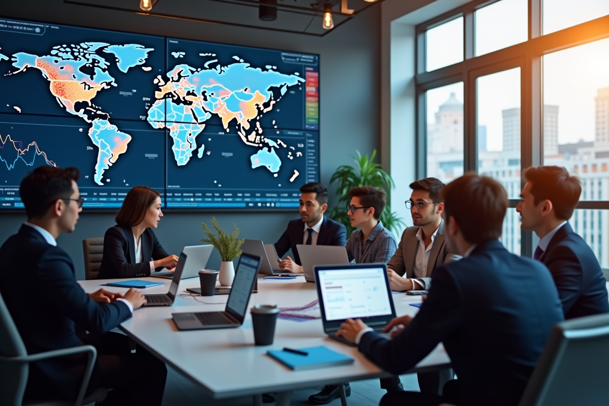 Groupe de professionnels analysant des graphiques ETF en réunion