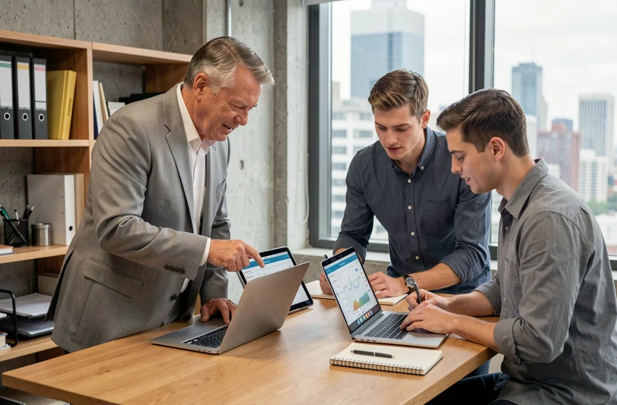 Équipe de professionnels en formation sur un outil de financement professionnel dans un espace de coworking moderne