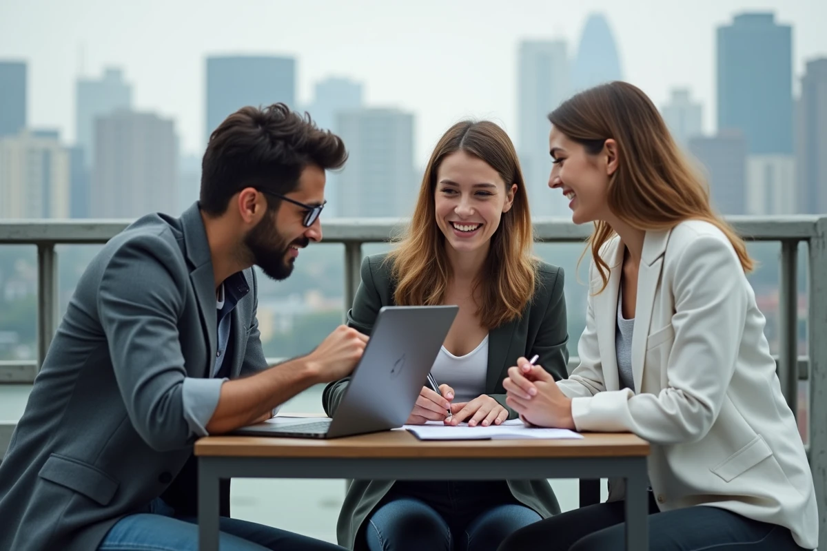 Groupe de jeunes professionnels en discussion en extérieur