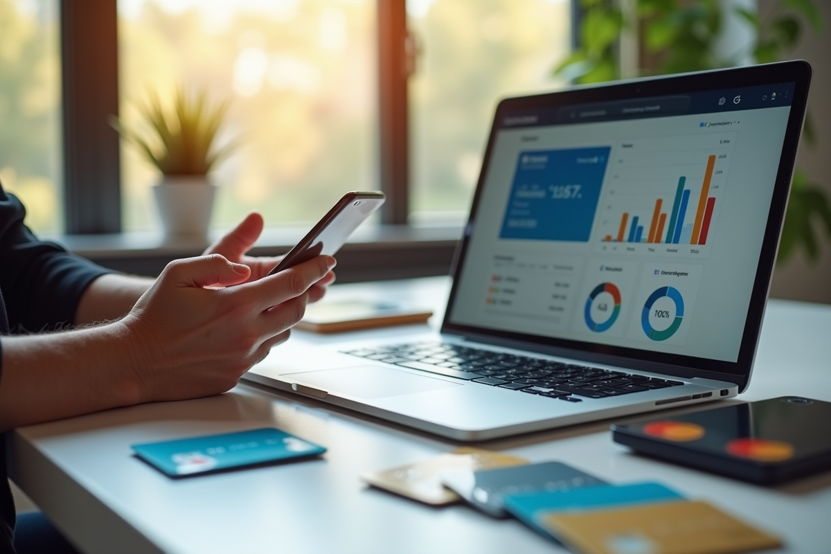 Espace de travail moderne avec dashboard bancaire numérique