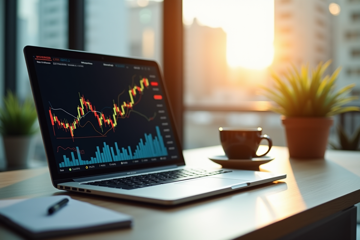 Espace de travail moderne avec ordinateur et graphiques financiers