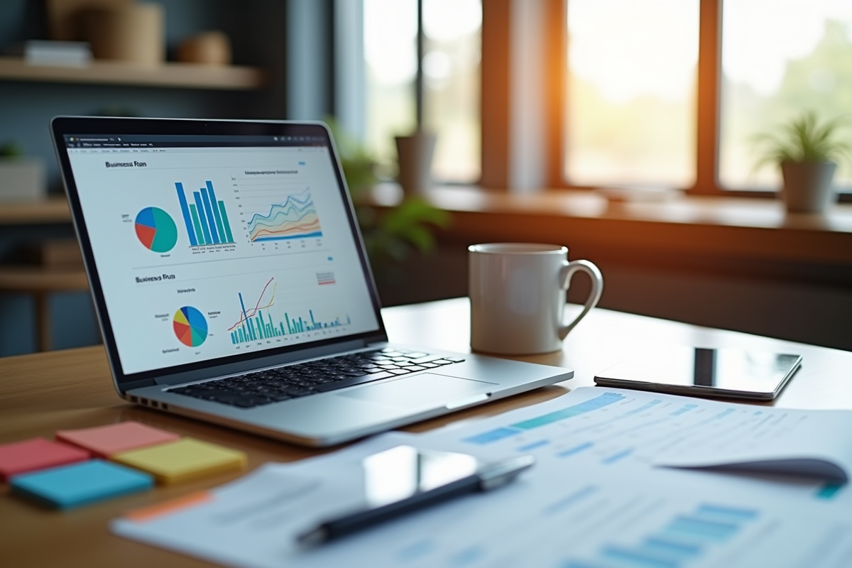 Espace de travail moderne avec ordinateur et documents pour le plan d'affaires