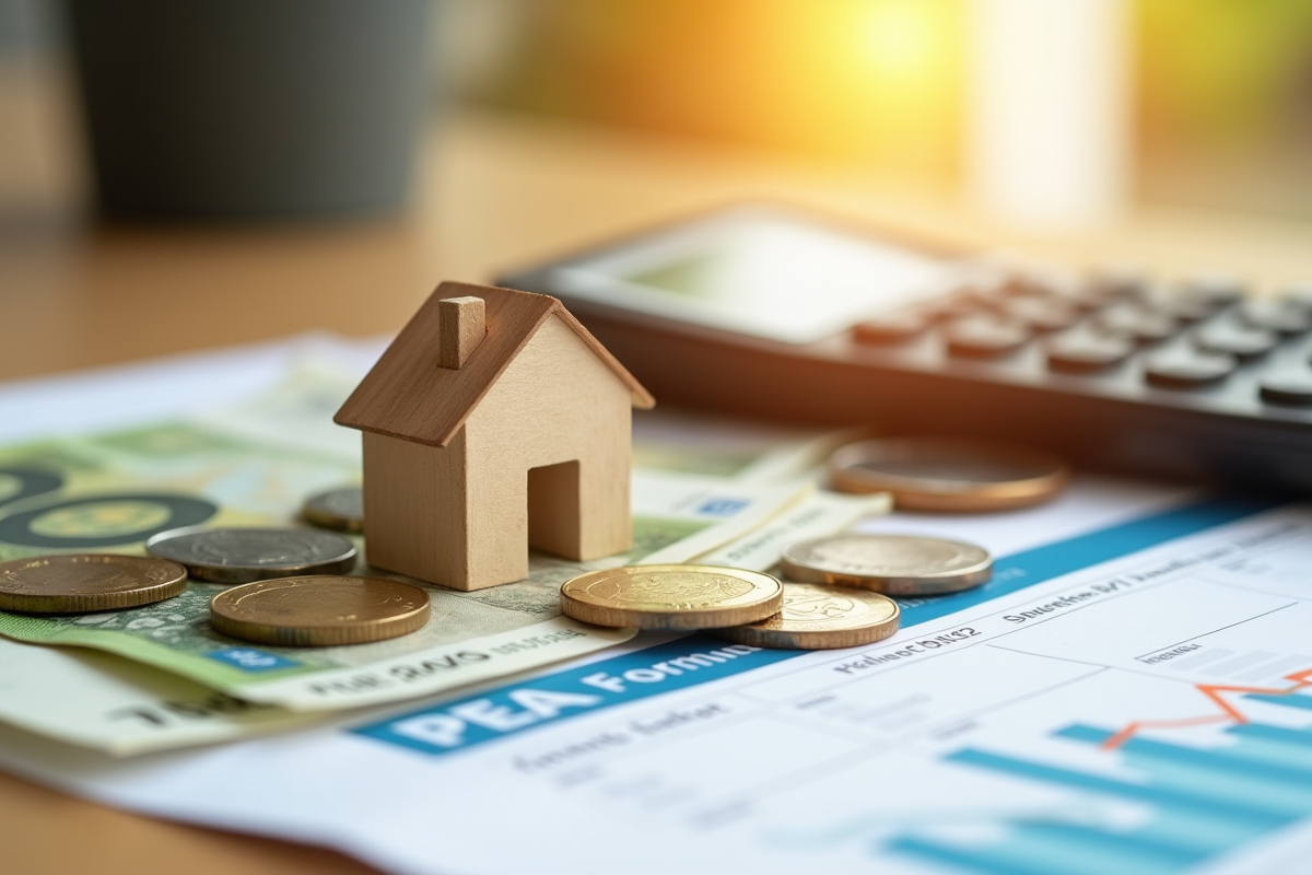 Pièces et billets euros avec maison miniature et calculatrice sur formulaire PEA