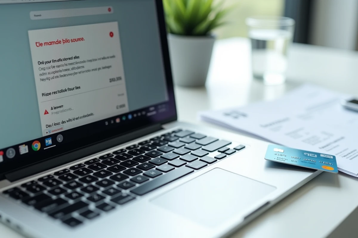 Carte bancaire et facture Free posées près d'un ordinateur affichant une erreur de paiement refusé