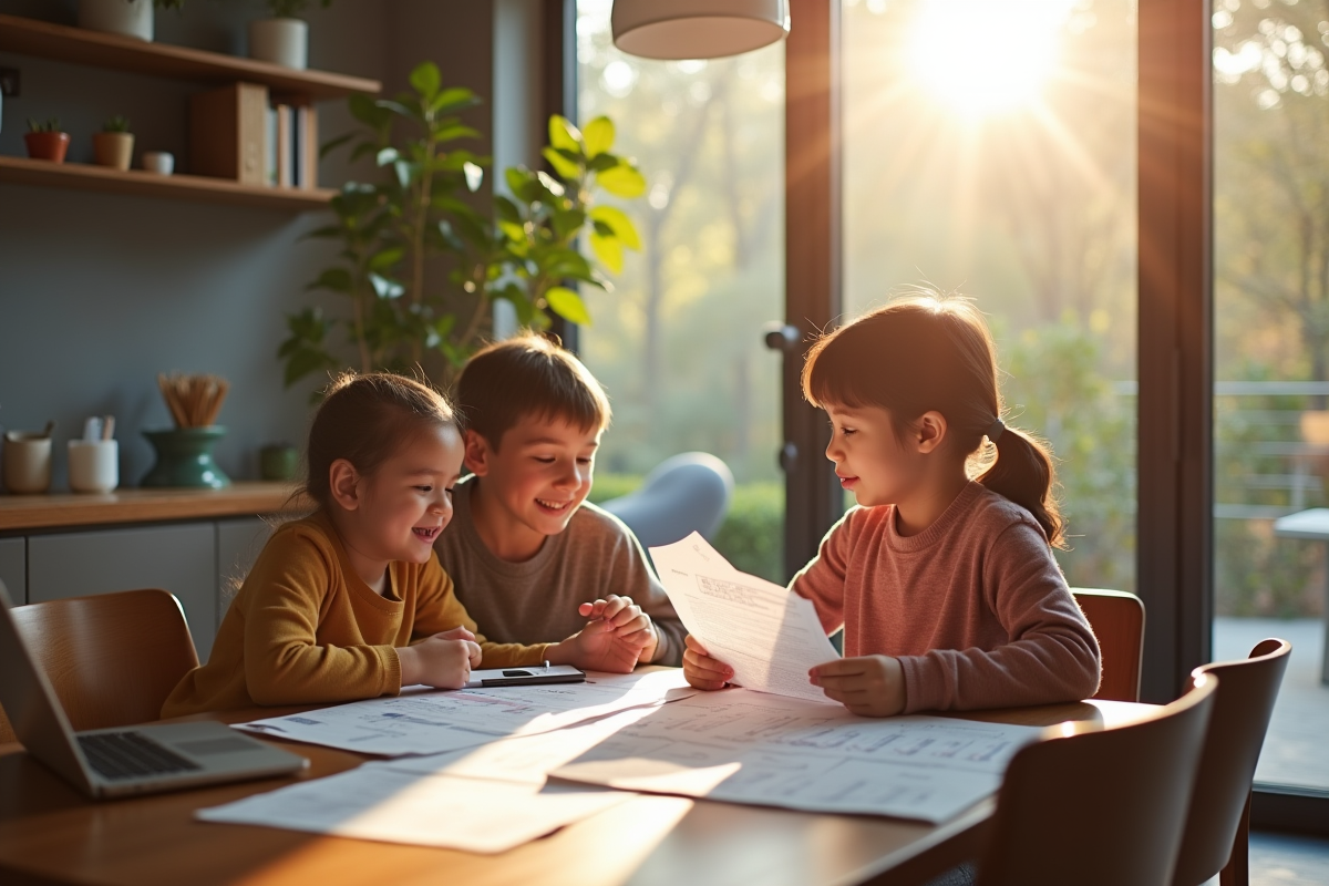 Famille discutant finances à la maison avec documents et ordinateur