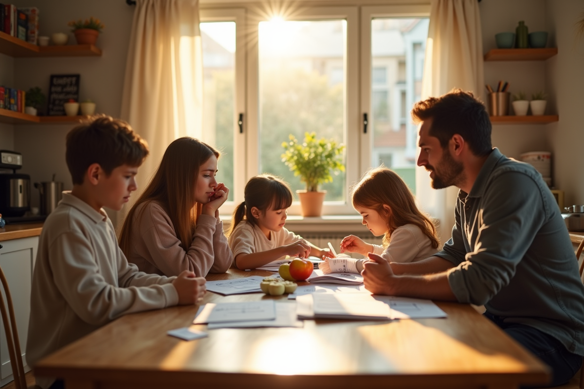 Famille inquiète autour de la table avec factures et courses
