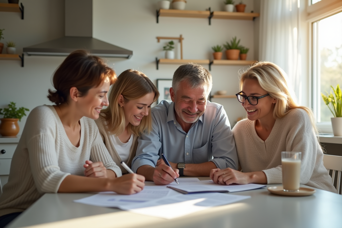 Famille réunie autour de la table pour revoir des documents