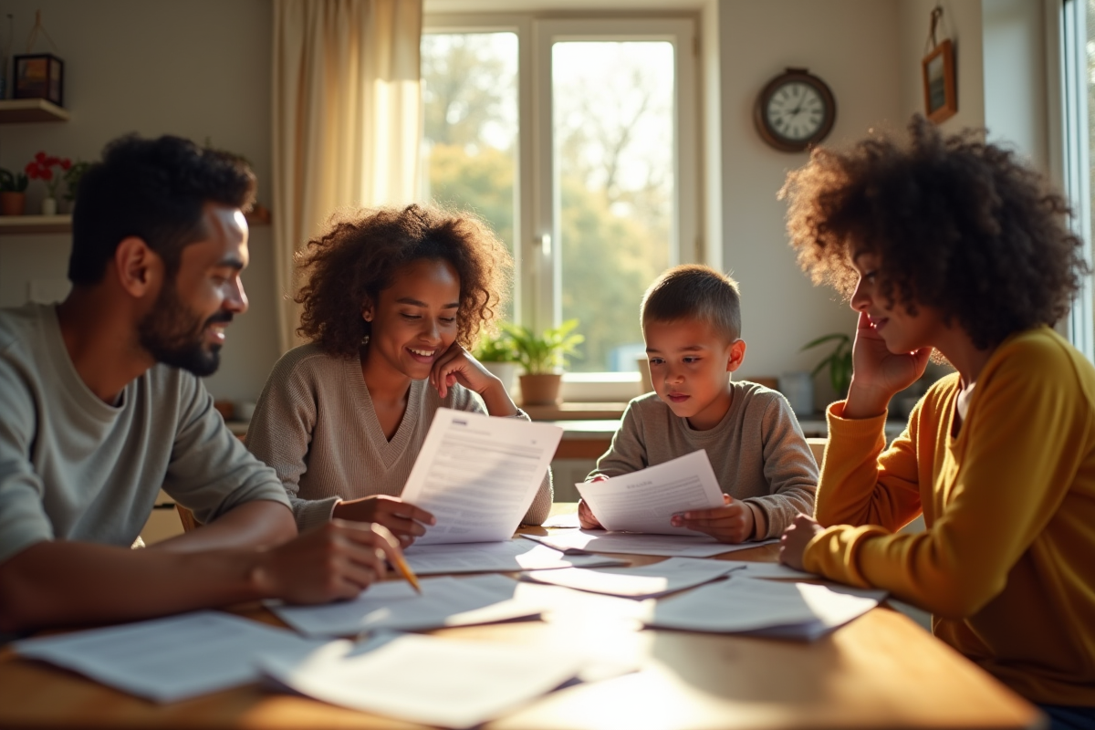 Famille diverse examinant factures et papiers fiscaux