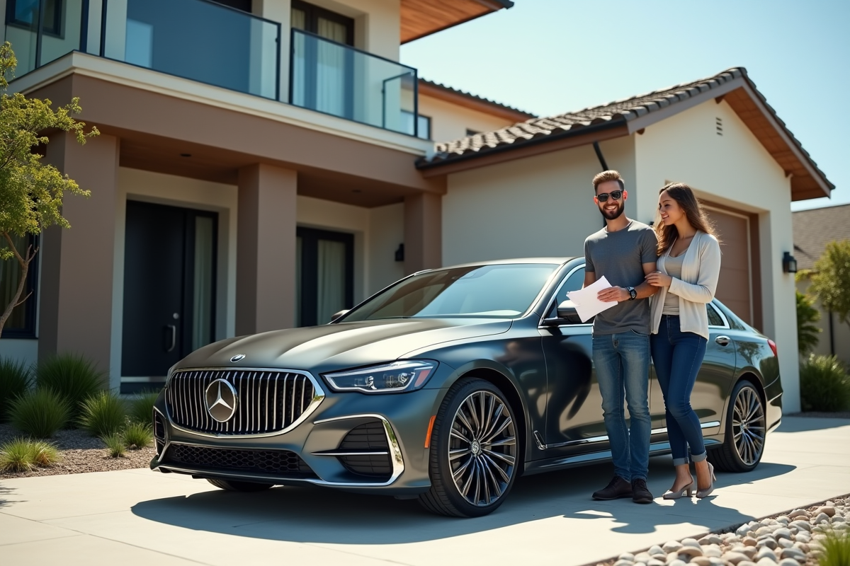 Couple souriant avec clé de voiture devant une maison moderne
