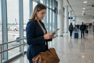 Femme consultant ses documents d'assurance voyage dans un terminal d'aéroport international avant son départ