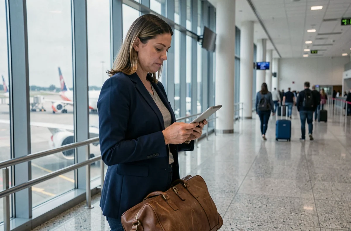 Femme consultant ses documents d'assurance voyage dans un terminal d'aéroport international avant son départ