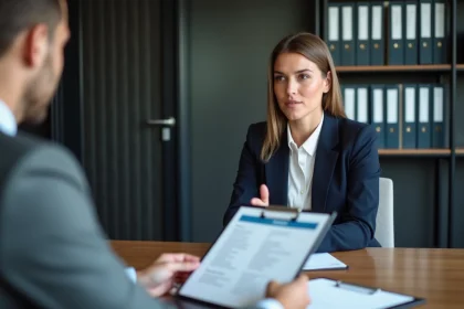 Femme d affaires en r&eacute;union avec un assureur homme