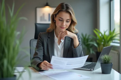 Femme d affaires confiante examine des documents d assurance