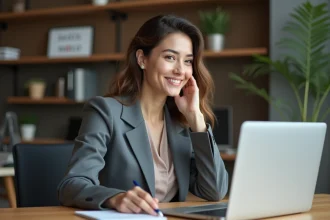Femme d affaires souriante lors d une réunion en banque