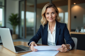 Femme d'affaires en bureau moderne examine des documents