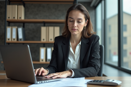 Femme d'affaires concentr&eacute;e devant son bureau moderne